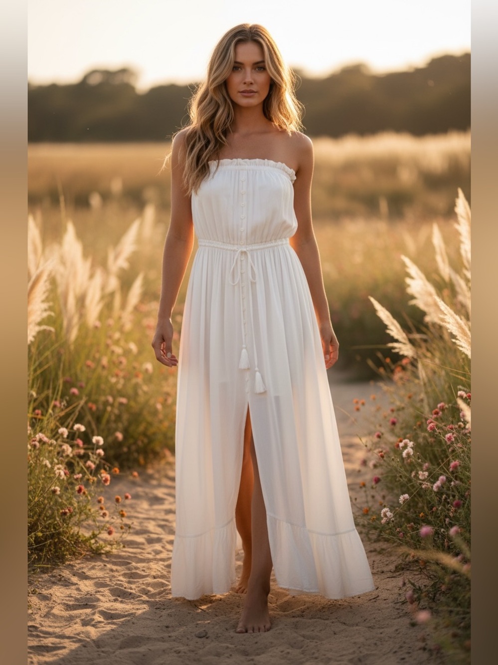 TART Collections White Strapless Bridal Maxi Dress Boho Small